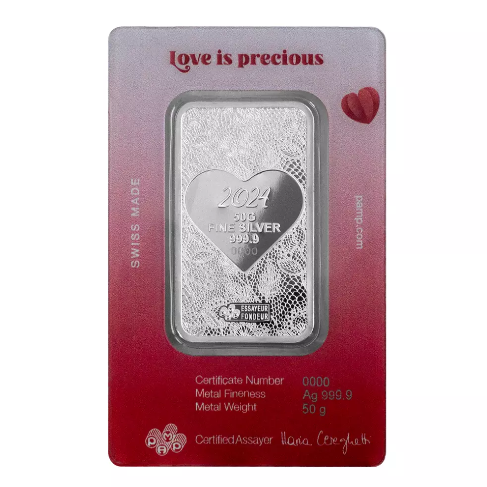 Picture of 2024 Pamp Love is Precious Heart Holographic 50 Gram Silver Bar - In Assay