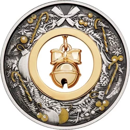 Picture of 2022 Perth Mint Christmas Holiday Jingle Bell 2 oz Antiqued Gilded Silver Coin