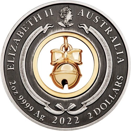 Picture of 2022 Perth Mint Christmas Holiday Jingle Bell 2 oz Antiqued Gilded Silver Coin
