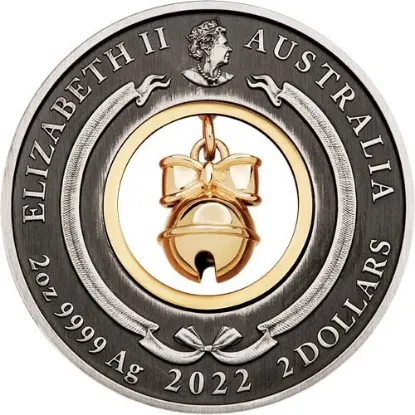 Picture of 2022 Perth Mint Christmas Holiday Jingle Bell 2 oz Antiqued Gilded Silver Coin