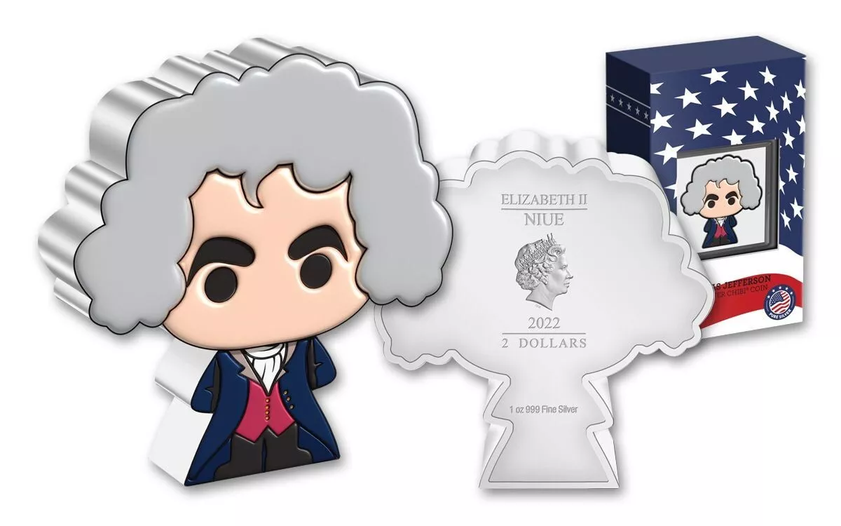 Picture of 2022 New Zealand Mint Thomas Jefferson Shaped Chibi 1 oz Proof Silver Coin