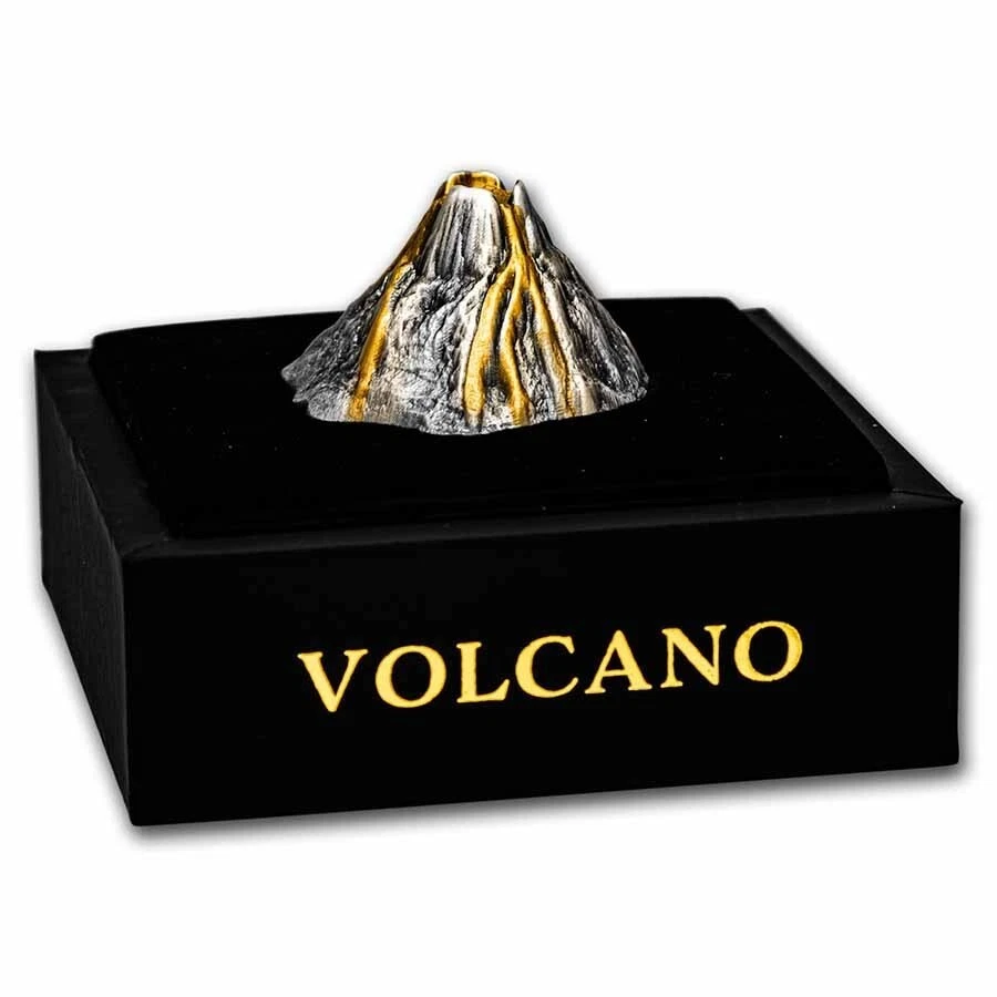 Picture of 2023 Vanuatu Volcano Shaped 5 oz Antique Gilded Silver Coin (Box & COA)