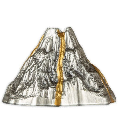 Picture of 2023 Vanuatu Volcano Shaped 5 oz Antique Gilded Silver Coin (Box & COA)