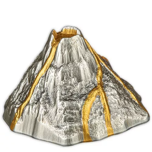 Picture of 2023 Vanuatu Volcano Shaped 5 oz Antique Gilded Silver Coin (Box & COA)