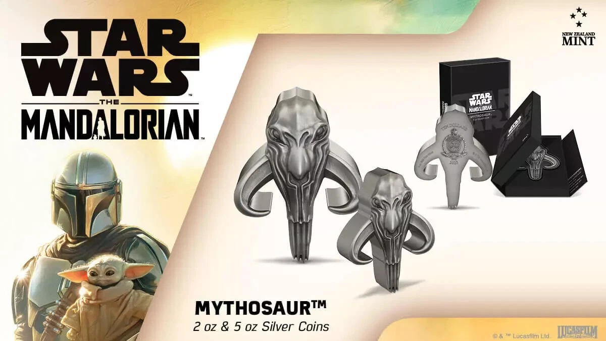 Picture of 2023 New Zealand Mint Star Wars Mandalorian Mythosaur 5 oz Silver Antique Coin