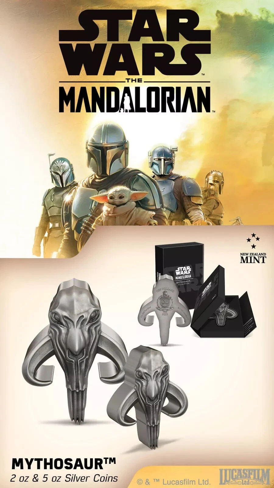 Picture of 2023 New Zealand Mint Star Wars Mandalorian Mythosaur 5 oz Silver Antique Coin