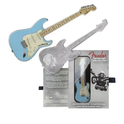 Picture of 2023 Pamp Suisse Fender Daphne Blue Stratocaster Guitar Shaped 1 oz Silver Coin