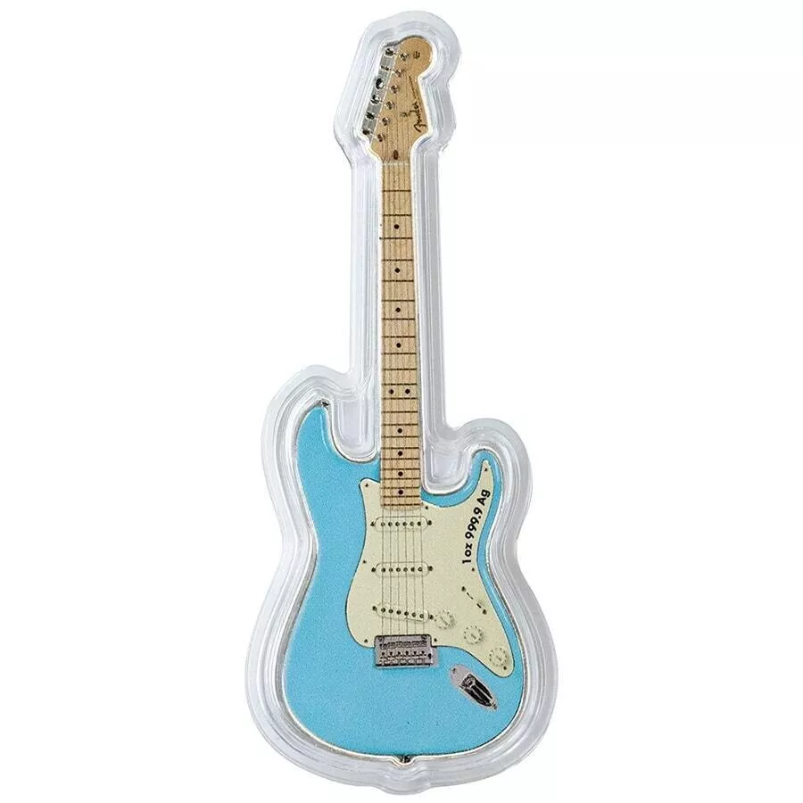 Picture of 2023 Pamp Suisse Fender Daphne Blue Stratocaster Guitar Shaped 1 oz Silver Coin