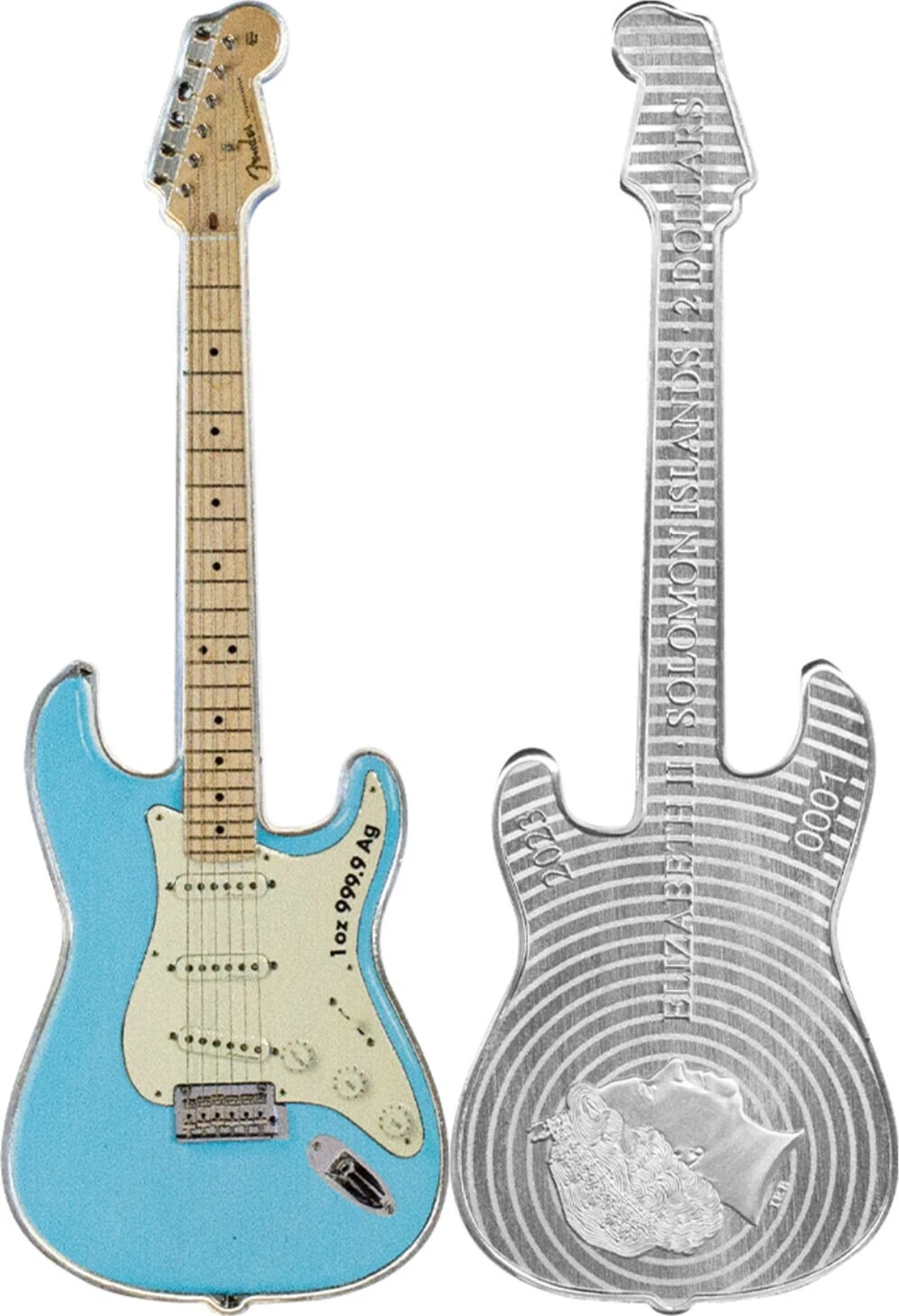 Picture of 2023 Pamp Suisse Fender Daphne Blue Stratocaster Guitar Shaped 1 oz Silver Coin