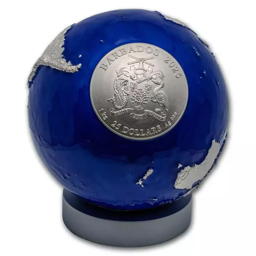 Picture of 2025 Barbados Blue Marble World Globe 1 Kilo Silver Colorized Spherical Coin