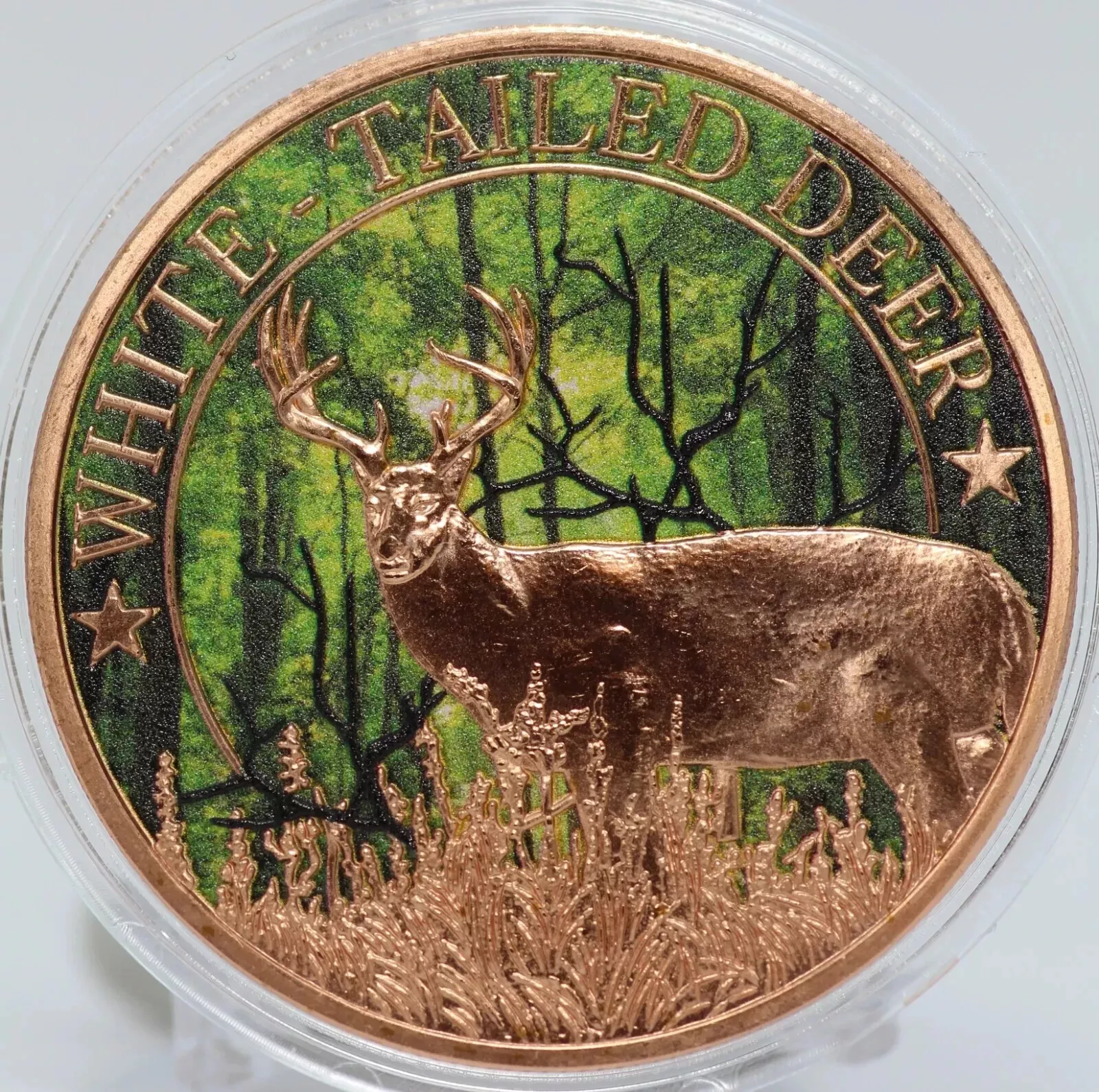 Picture of 2024 White Tailed Deer Rifle & Flag 1 oz Colorized Copper Round ICG Graded MS 70