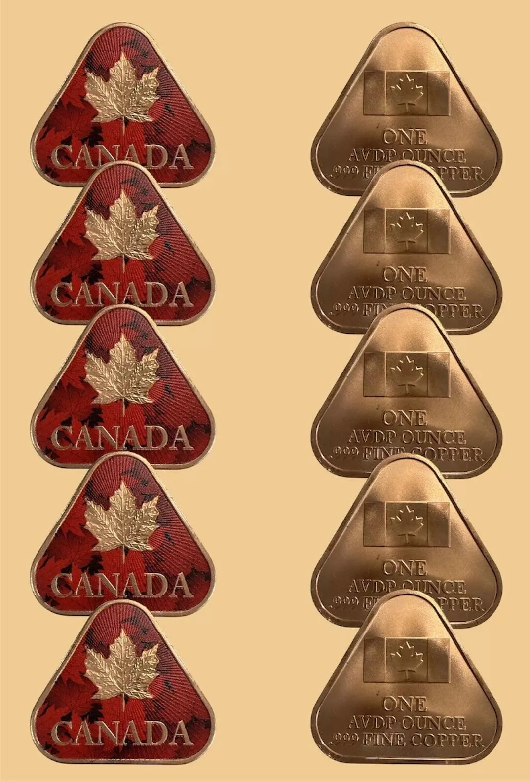 Picture of (Lot of 10) Canadian Maple Leaf Triangular 1 oz Colorized Copper Round