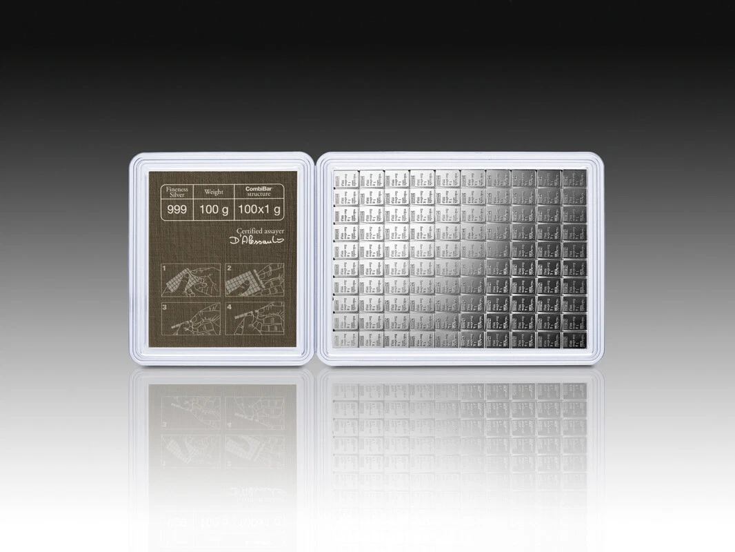Picture of (Lot of 2) Valcambi 100 x 1 Gram Silver Bar CombiBar (100 Grams) - In Assay Card