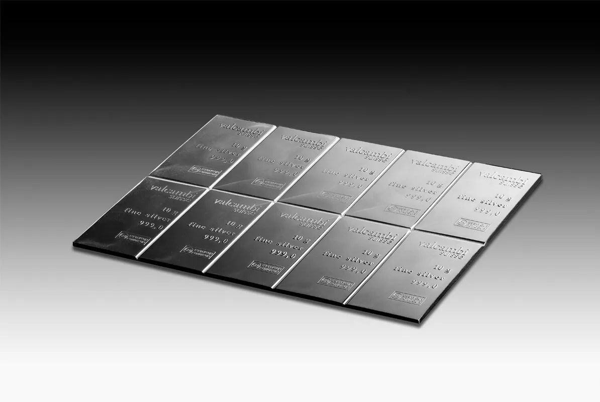 Picture of Valcambi 10 x 10 Gram Silver Bar CombiBar (100 Grams) - In Assay Card