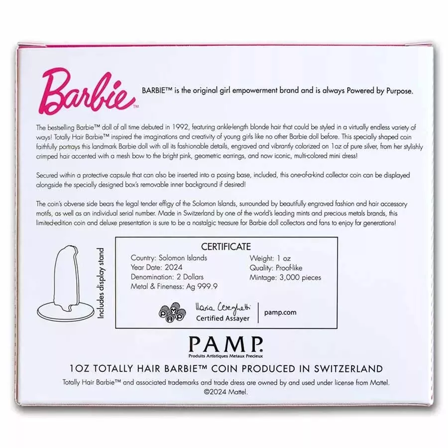 Picture of 2024 Pamp Suisse Totally Hair Barbie Shaped 1 oz Colorized Silver Coin