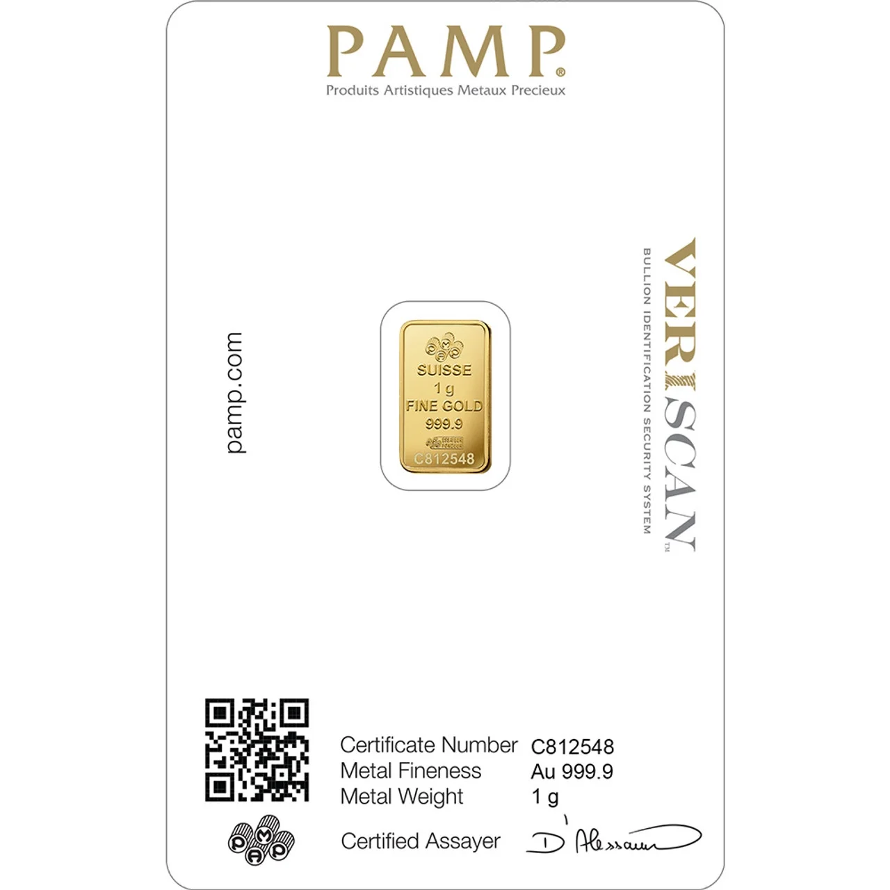 Picture of Pamp Suisse Lady Fortuna 1 Gram Gold Bar - Large Assay Card