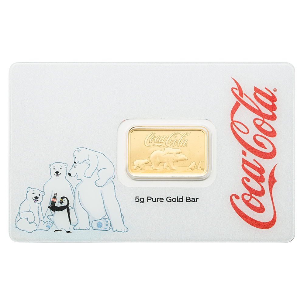 Picture of 2026 Pamp Coca Cola Polar Bear & Friends 5 Gram Gold Bar - In Assay w/Sleeve
